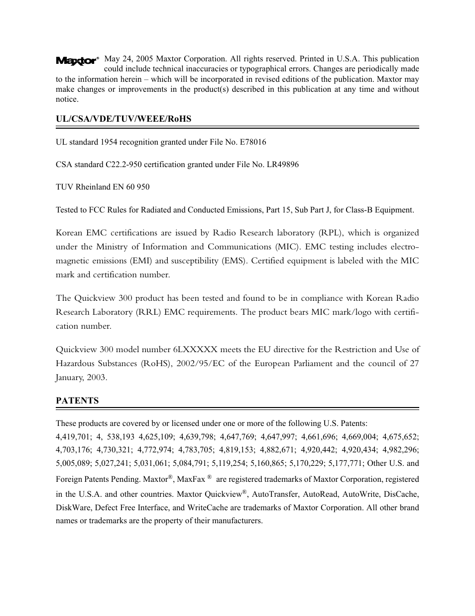 Maxtor QUICKVIEW 300 User Manual | Page 2 / 73