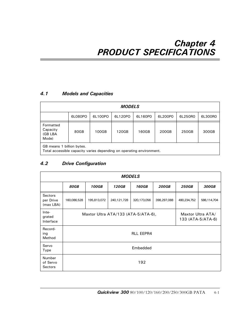 Chapter 4 product specifications | Maxtor QUICKVIEW 300 User Manual | Page 33 / 73