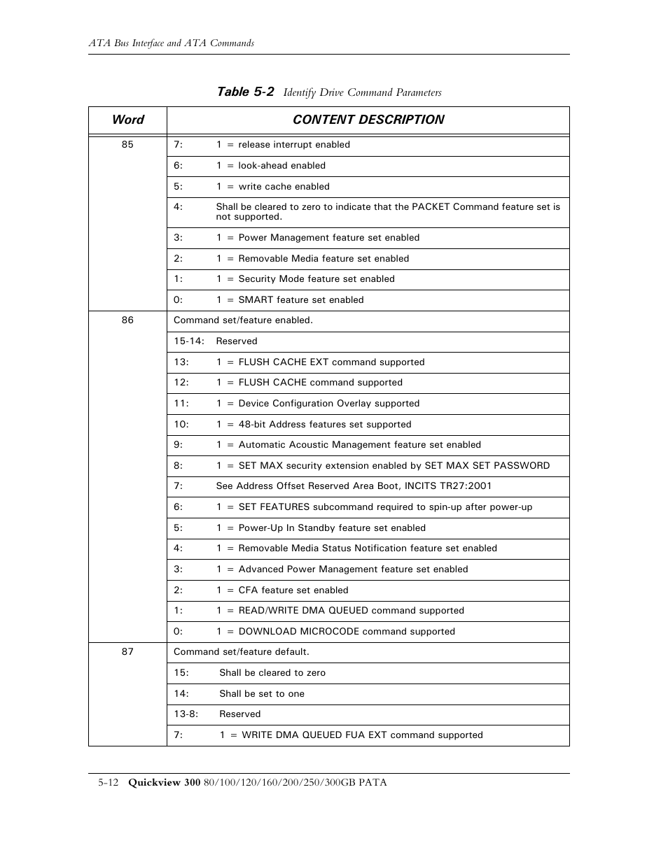 Table 5-2, Word content description | Maxtor QUICKVIEW 300 User Manual | Page 54 / 73
