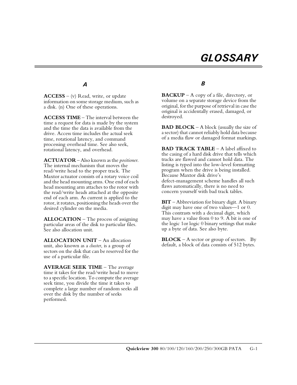 Glossary | Maxtor QUICKVIEW 300 User Manual | Page 65 / 73