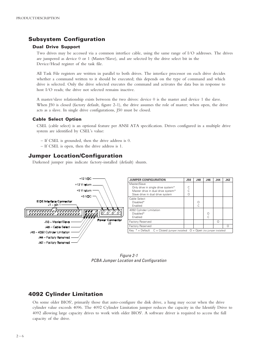 4092 cylinder limitation, Subsystem configuration, Jumper location/configuration | Figure 2-1 pcba jumper location and configuration | Maxtor 4320 User Manual | Page 17 / 71