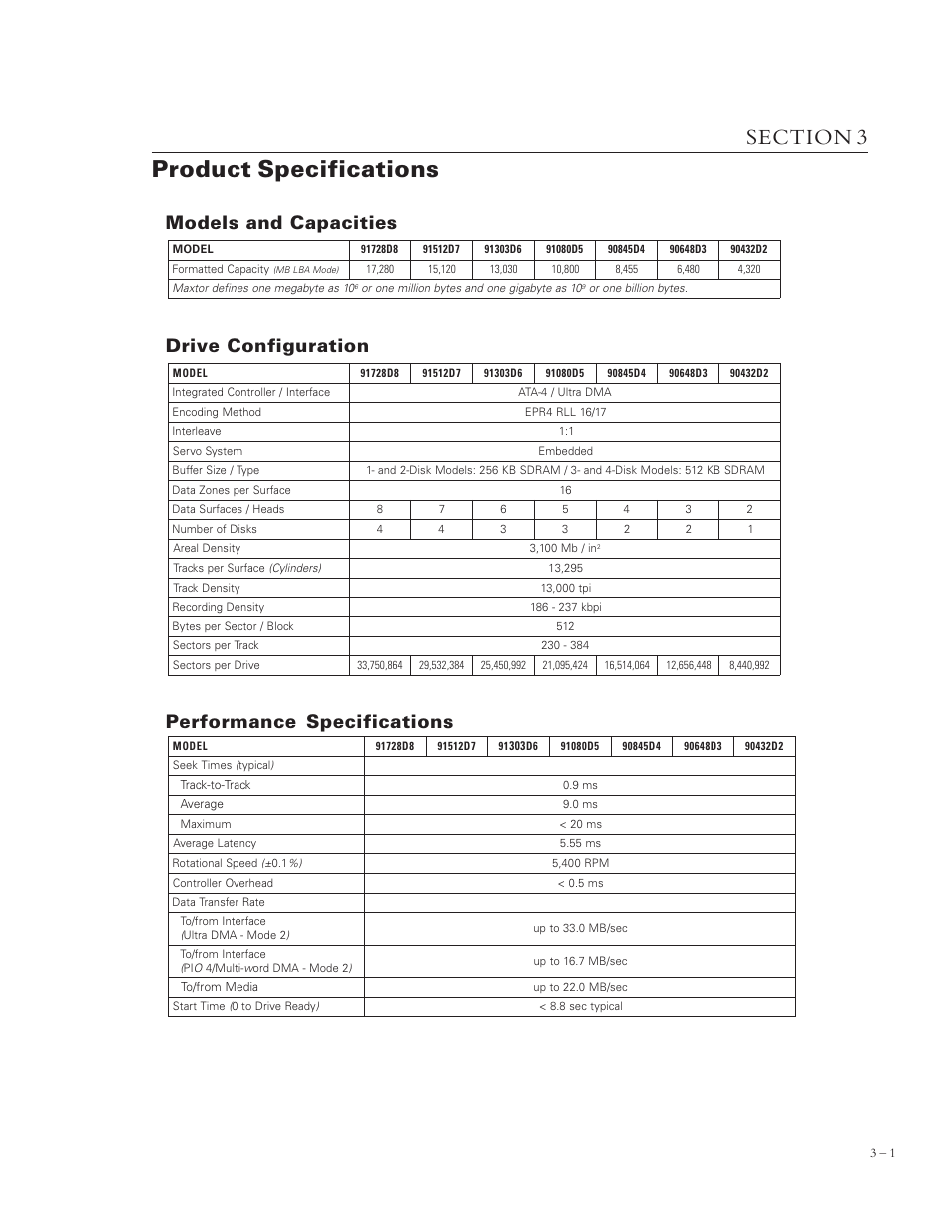 Product specifications, Models and capacities performance specifications, Drive configuration | Maxtor 4320 User Manual | Page 18 / 71