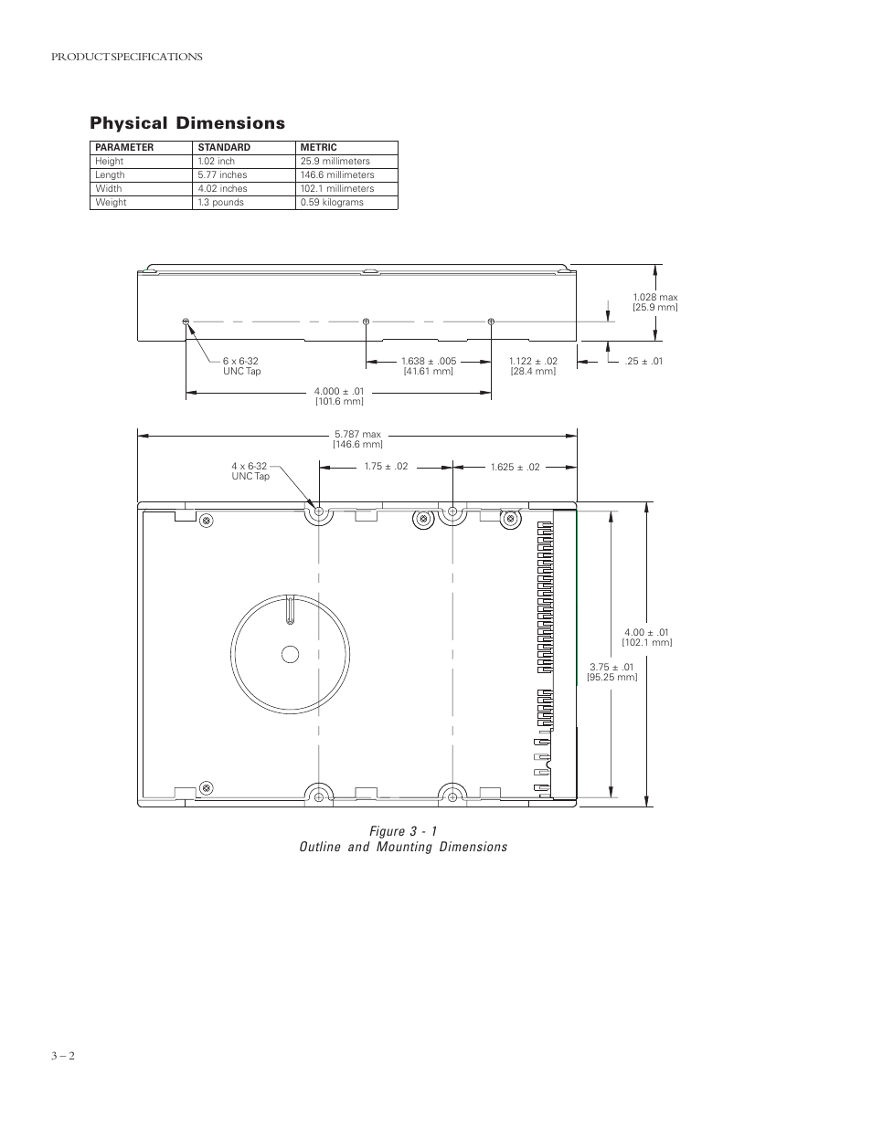 Physical dimensions, Figure 3 - 1 outline and mounting dimensions | Maxtor 4320 User Manual | Page 19 / 71