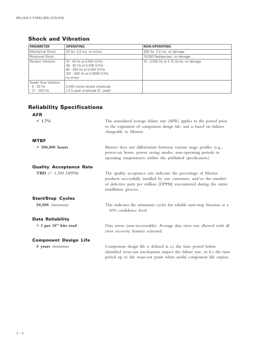 Reliability specifications, Shock and vibration | Maxtor 4320 User Manual | Page 21 / 71