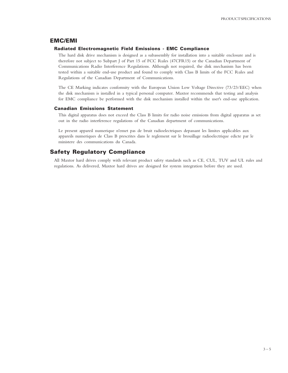 Emc/emi, Safety regulatory compliance | Maxtor 4320 User Manual | Page 22 / 71