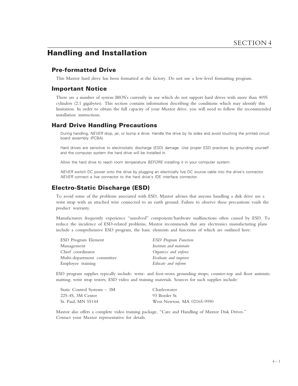 Handling and installation, Pre-formatted drive, Important notice | Hard drive handling precautions, Electro-static discharge (esd) | Maxtor 4320 User Manual | Page 23 / 71