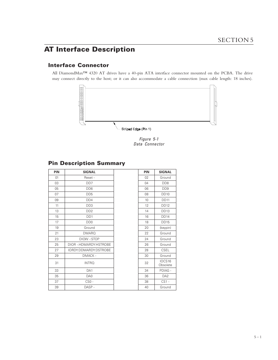 At interface description, Interface connector, Pin description summary | Figure 5-1 data connector | Maxtor 4320 User Manual | Page 33 / 71