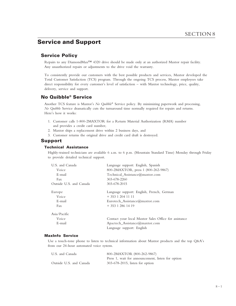 Service and support, Service policy, No quibble | Service, Support | Maxtor 4320 User Manual | Page 63 / 71