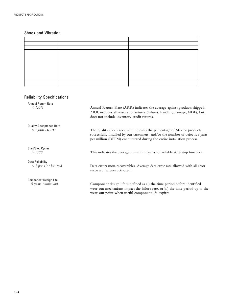 Reliability specifications, Shock and vibration, 1 per 10 | Maxtor DIAMONDMAX 91536H2 User Manual | Page 18 / 63