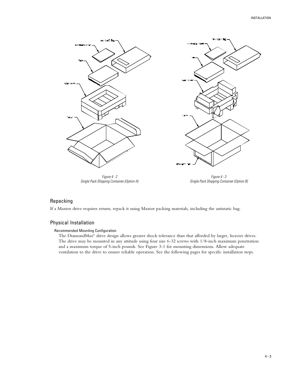 Repacking, Physical installation | Maxtor DIAMONDMAX 91536H2 User Manual | Page 22 / 63