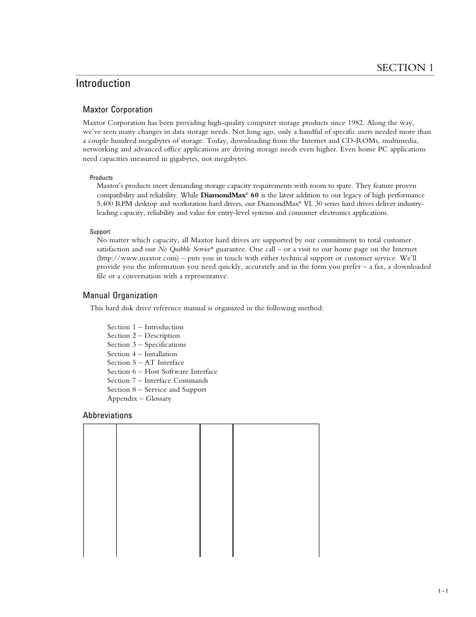 Maxtor corporation, Manual organization, Abbreviations | Maxtor DIAMONDMAX 91536H2 User Manual | Page 8 / 63