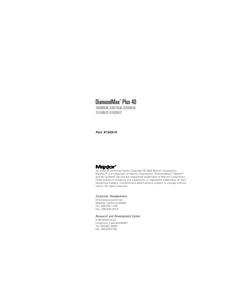 Maxtor DIAMONDMAX PLUS 40 54098U8 User Manual | 62 pages