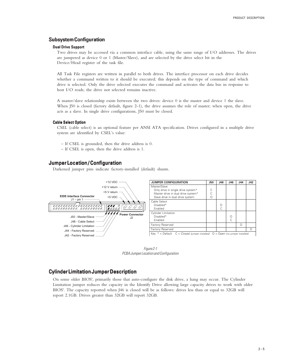 Cylinder limitation jumper description, Subsystem configuration, Jumper location / configuration | Maxtor DIAMONDMAX PLUS 40 54098U8 User Manual | Page 14 / 62