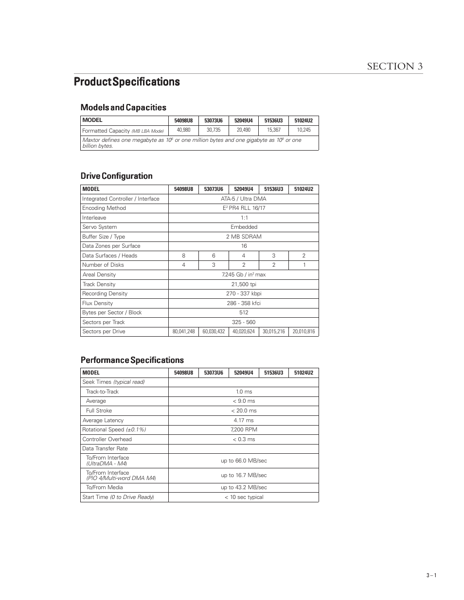 Product specifications, Models and capacities, Drive configuration | Maxtor DIAMONDMAX PLUS 40 54098U8 User Manual | Page 15 / 62