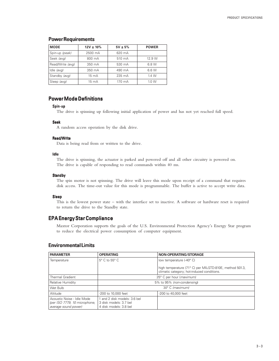 Power requirements, Epa energy star compliance, Environmental limits | Maxtor DIAMONDMAX PLUS 40 54098U8 User Manual | Page 17 / 62