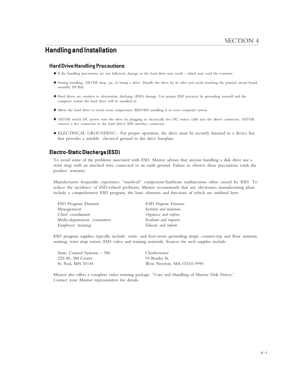 Handling and installation | Maxtor DIAMONDMAX PLUS 40 54098U8 User Manual | Page 20 / 62