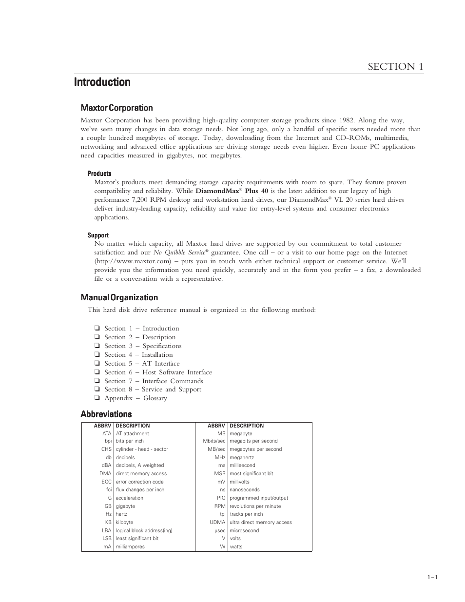 Introduction, Maxtor corporation, Manual organization | Abbreviations | Maxtor DIAMONDMAX PLUS 40 54098U8 User Manual | Page 8 / 62