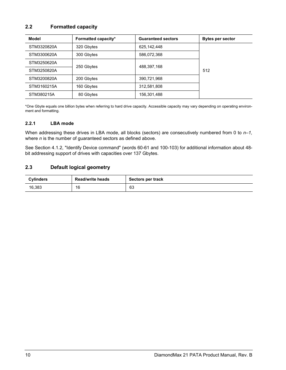 2 formatted capacity, 1 lba mode, 3 default logical geometry | Formatted capacity 2.2.1, Lba mode, Default logical geometry | Maxtor DIAMONDMAX 21 PATA STM3300620A User Manual | Page 16 / 50