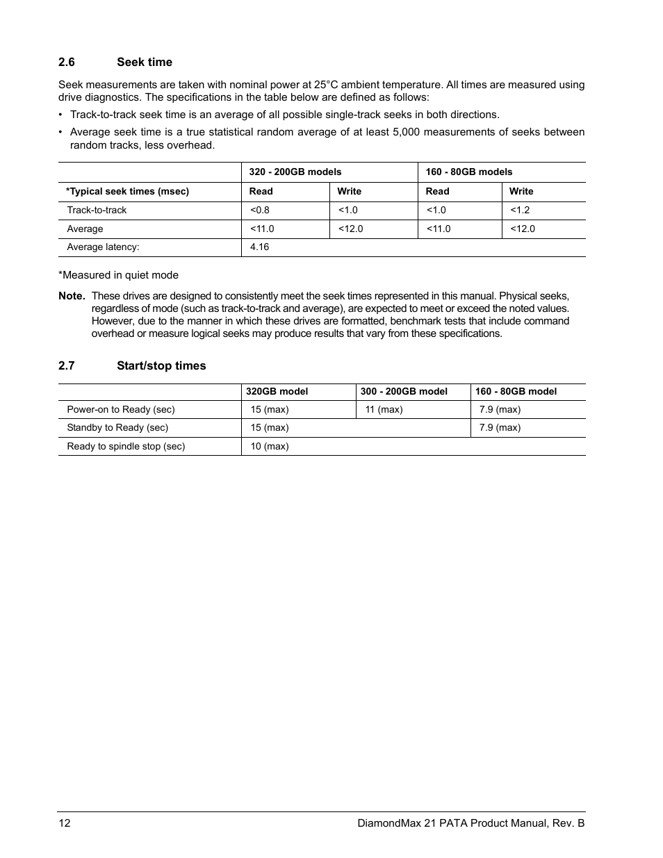 6 seek time, 7 start/stop times, Seek time | Start/stop times | Maxtor DIAMONDMAX 21 PATA STM3300620A User Manual | Page 18 / 50