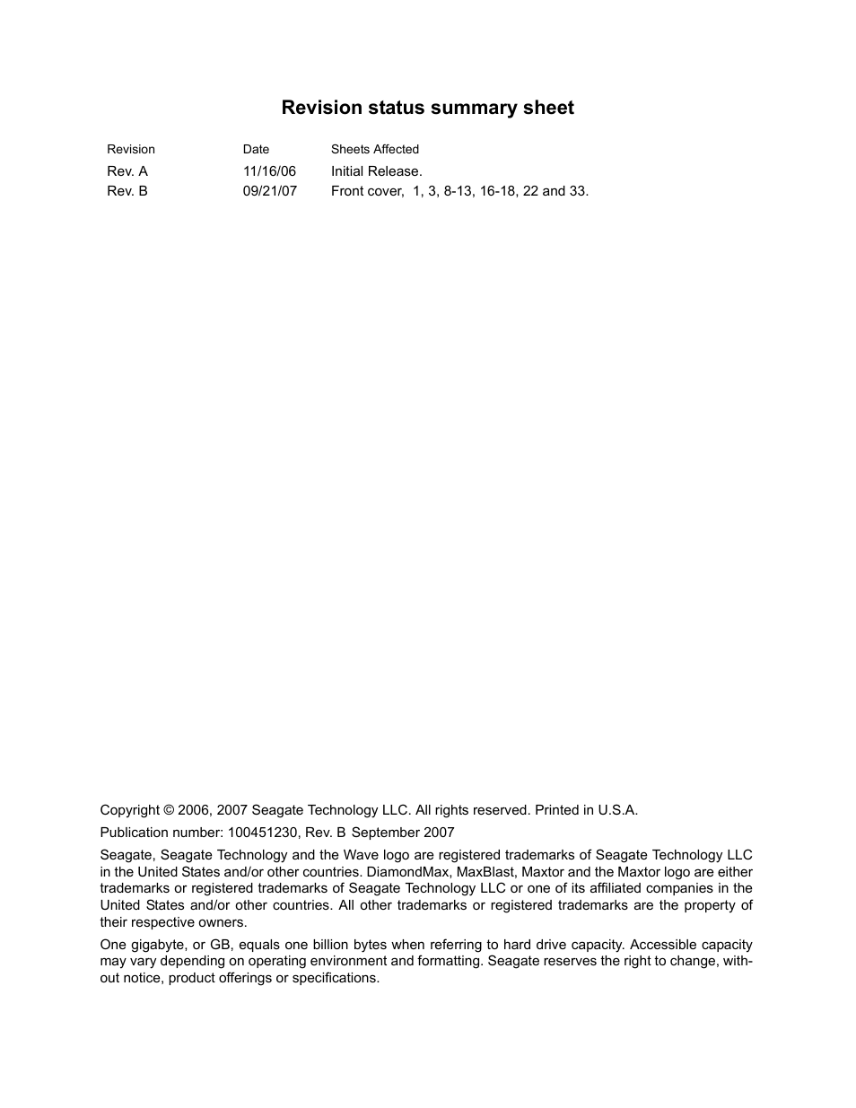 Revision status summary sheet | Maxtor DIAMONDMAX 21 PATA STM3300620A User Manual | Page 2 / 50