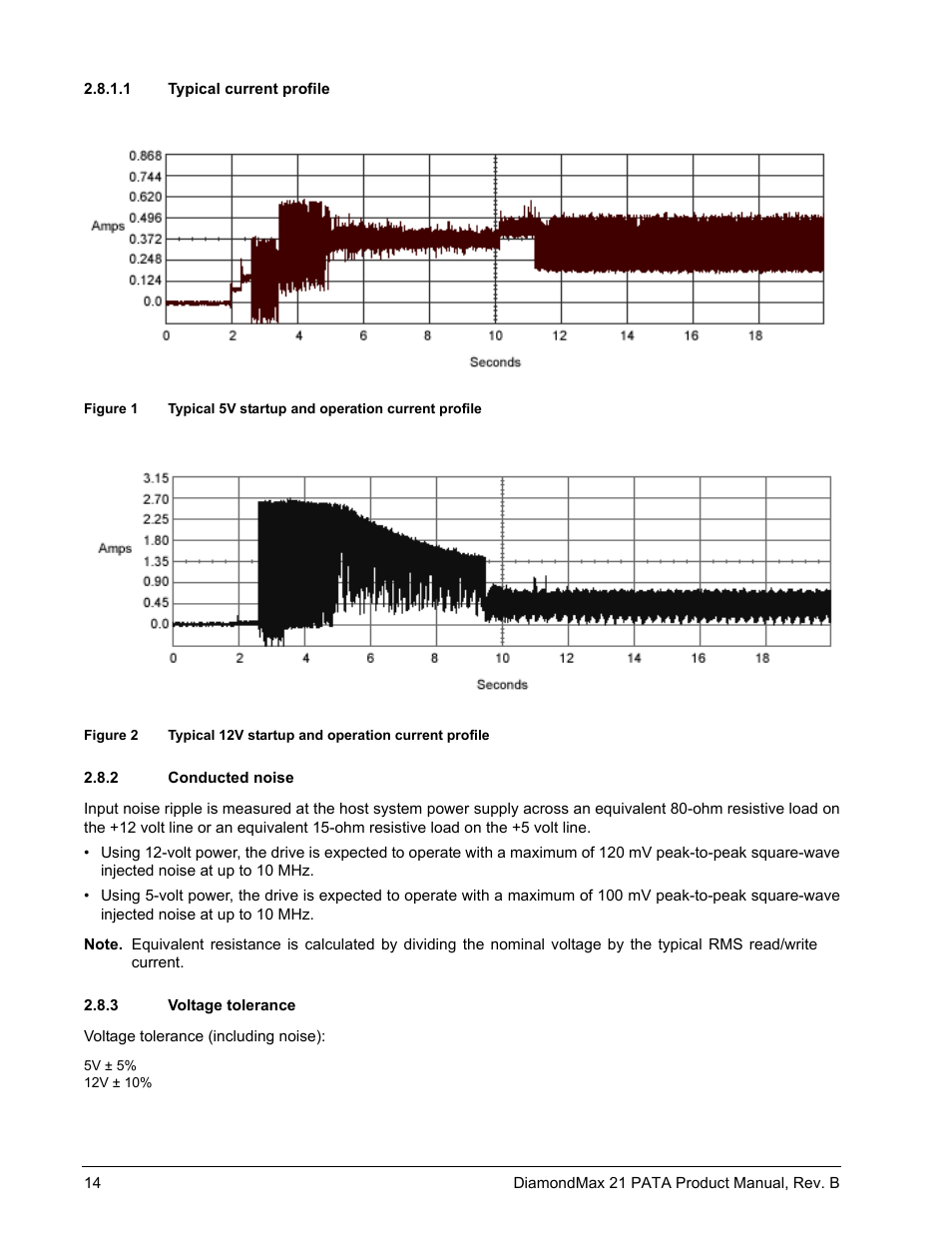 1 typical current profile, 2 conducted noise, 3 voltage tolerance | Conducted noise, Voltage tolerance, Figure 1, Typical 5v startup and operation current profile, Figure 2, Typical 12v startup and operation current profile | Maxtor DIAMONDMAX 21 PATA STM3300620A User Manual | Page 20 / 50