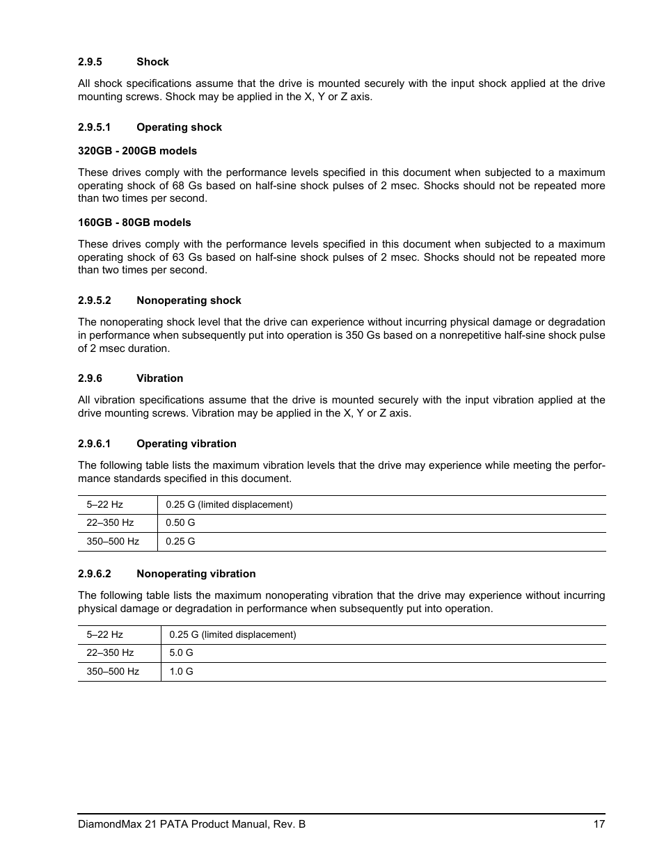 5 shock, 1 operating shock, 2 nonoperating shock | 6 vibration, 1 operating vibration, 2 nonoperating vibration, Shock, Vibration | Maxtor DIAMONDMAX 21 PATA STM3300620A User Manual | Page 23 / 50