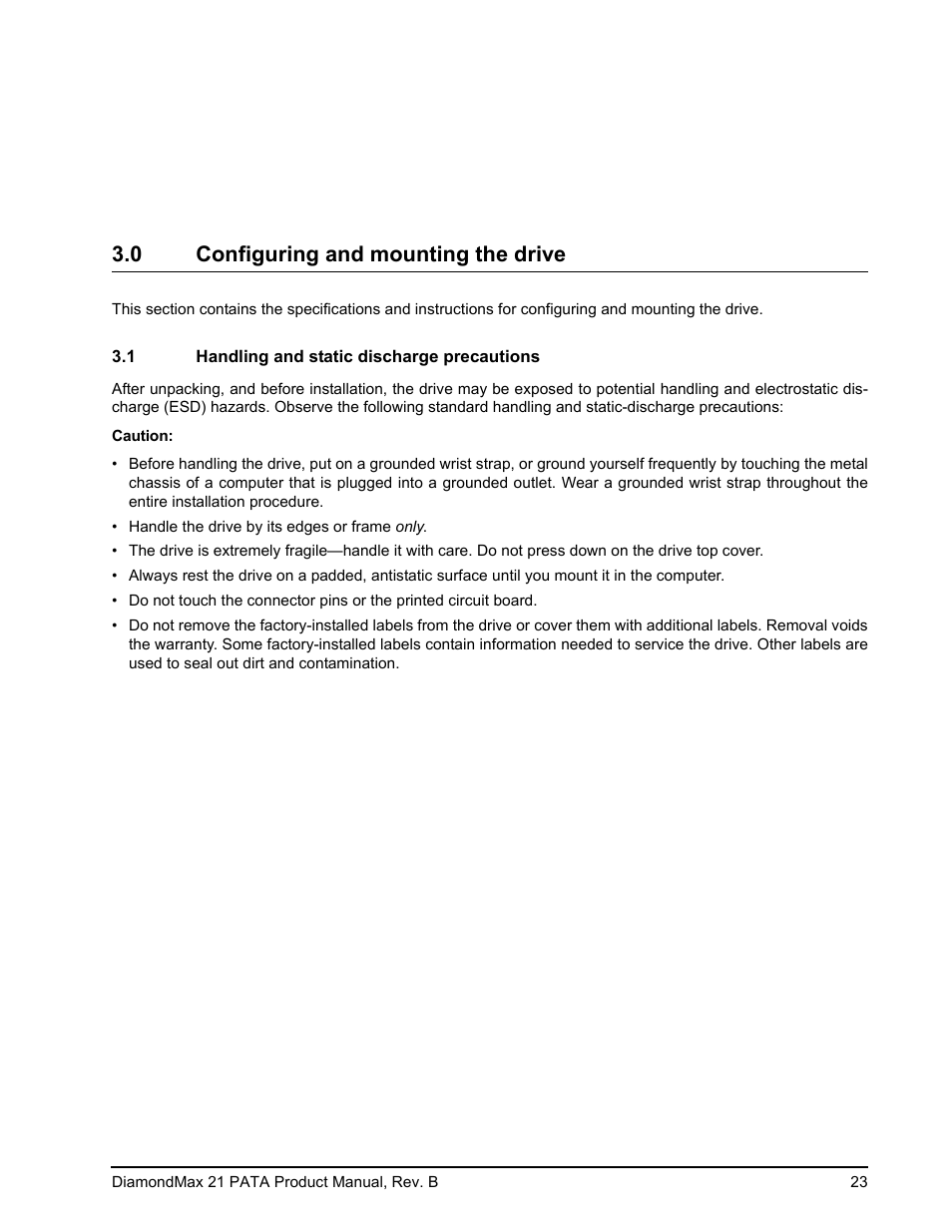 0 configuring and mounting the drive, 1 handling and static discharge precautions, Configuring and mounting the drive 3.1 | Handling and static discharge precautions | Maxtor DIAMONDMAX 21 PATA STM3300620A User Manual | Page 29 / 50