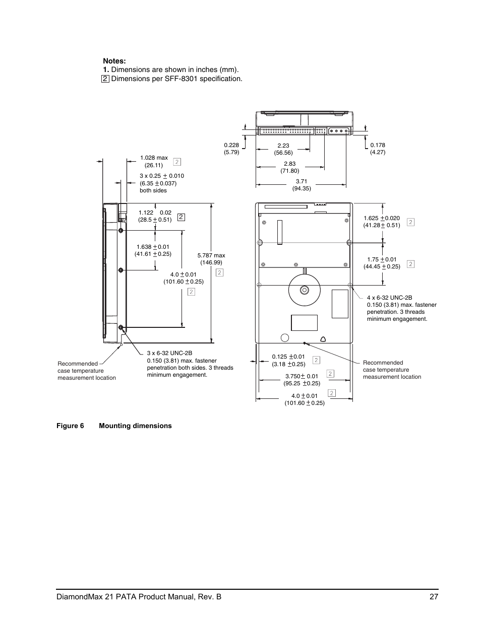 Figure 6, Mounting dimensions, Diamondmax 21 pata product manual, rev. b 27 | Maxtor DIAMONDMAX 21 PATA STM3300620A User Manual | Page 33 / 50