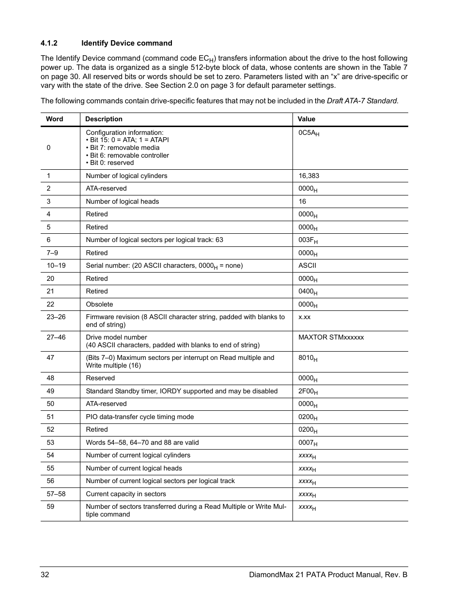 2 identify device command, Identify device command | Maxtor DIAMONDMAX 21 PATA STM3300620A User Manual | Page 38 / 50