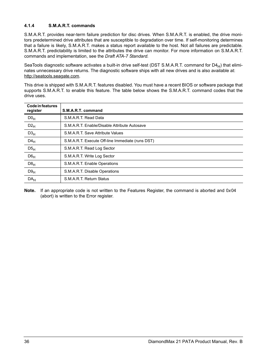 4 s.m.a.r.t. commands, S.m.a.r.t. commands | Maxtor DIAMONDMAX 21 PATA STM3300620A User Manual | Page 42 / 50