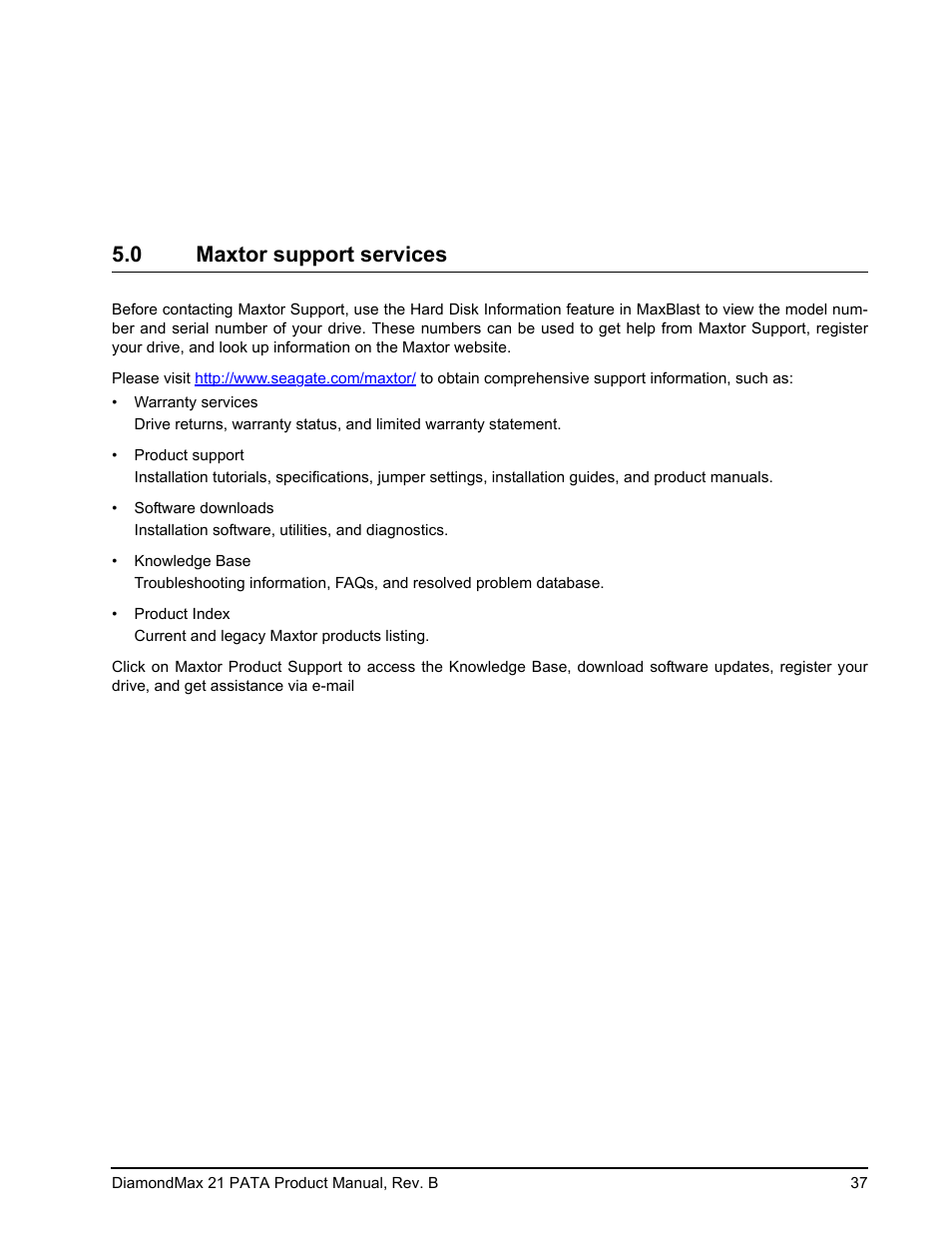 0 maxtor support services, Maxtor support services | Maxtor DIAMONDMAX 21 PATA STM3300620A User Manual | Page 43 / 50
