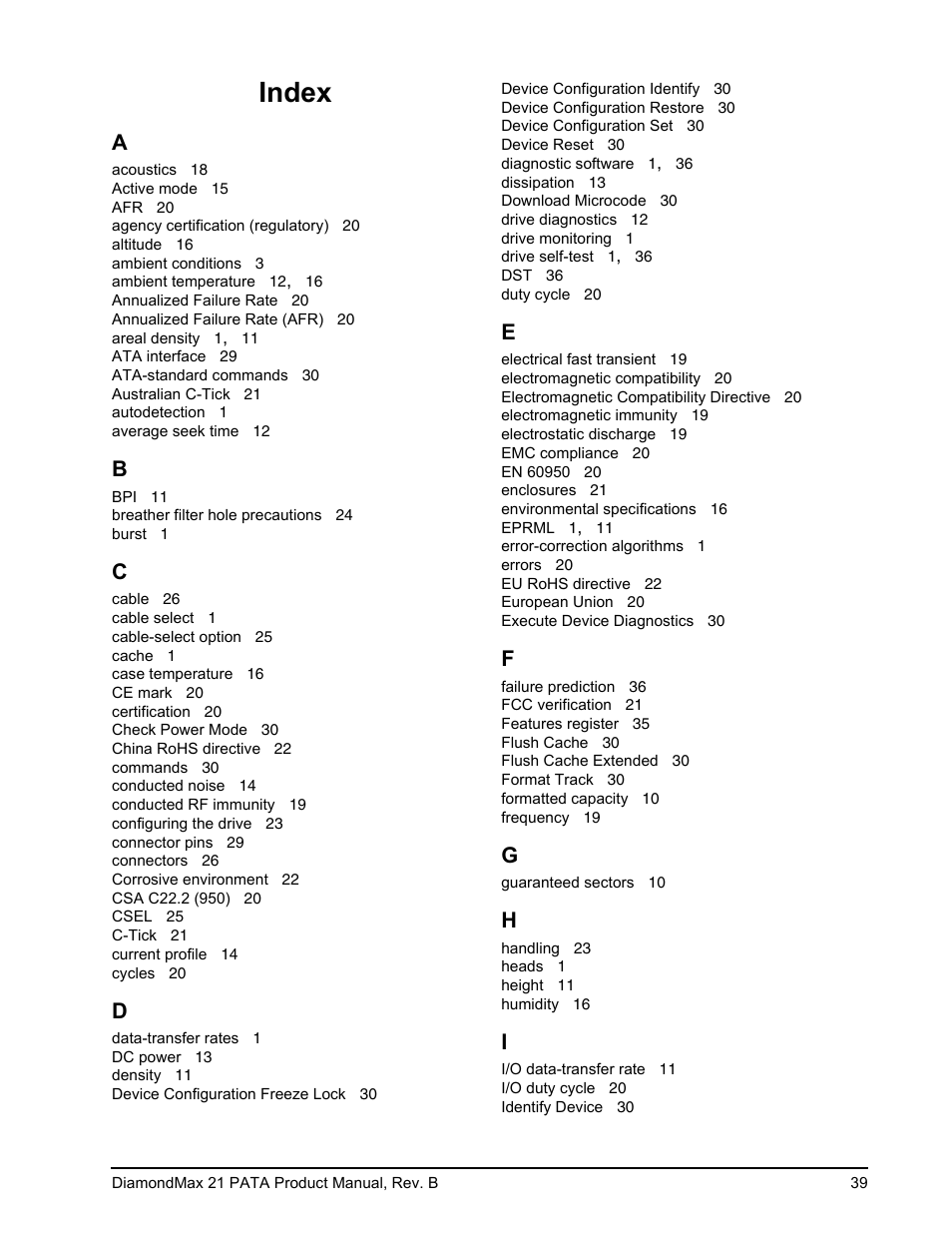 Index | Maxtor DIAMONDMAX 21 PATA STM3300620A User Manual | Page 45 / 50
