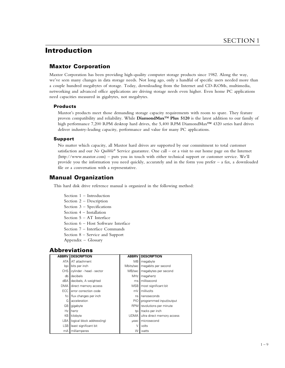 Introduction, Maxtor corporation, Manual organization | Abbreviations | Maxtor DIAMONDMAXTM PLUS 5120 92048D8 User Manual | Page 10 / 71