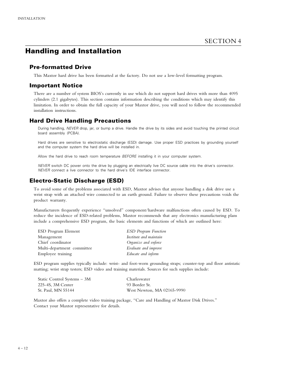 Handling and installation, Pre-formatted drive, Important notice | Hard drive handling precautions, Electro-static discharge (esd) | Maxtor DIAMONDMAXTM PLUS 5120 92048D8 User Manual | Page 23 / 71