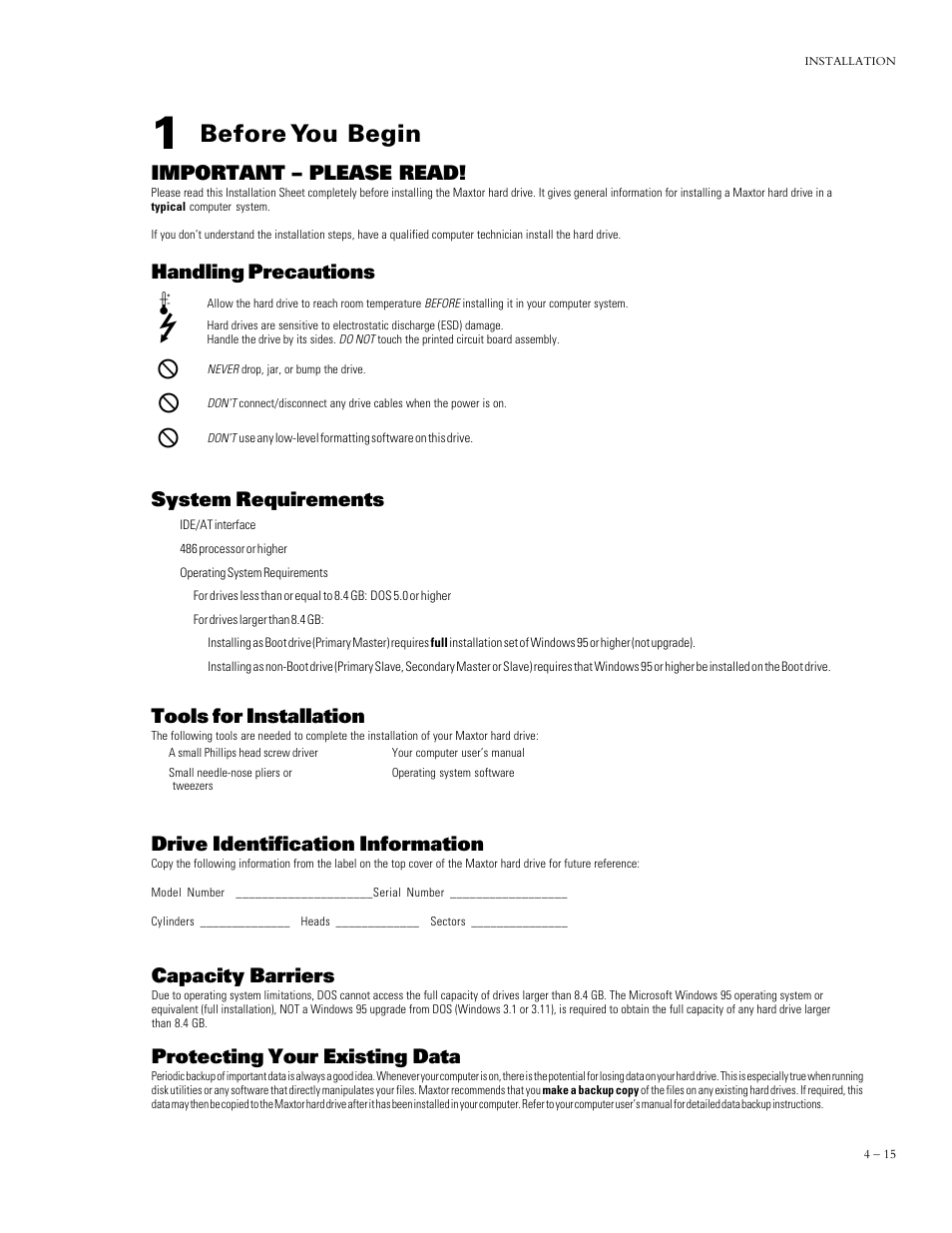 Before you begin, Important – please read, Handling precautions | System requirements, Capacity barriers, Protecting your existing data, Drive identification information, Tools for installation | Maxtor DIAMONDMAXTM PLUS 5120 92048D8 User Manual | Page 26 / 71