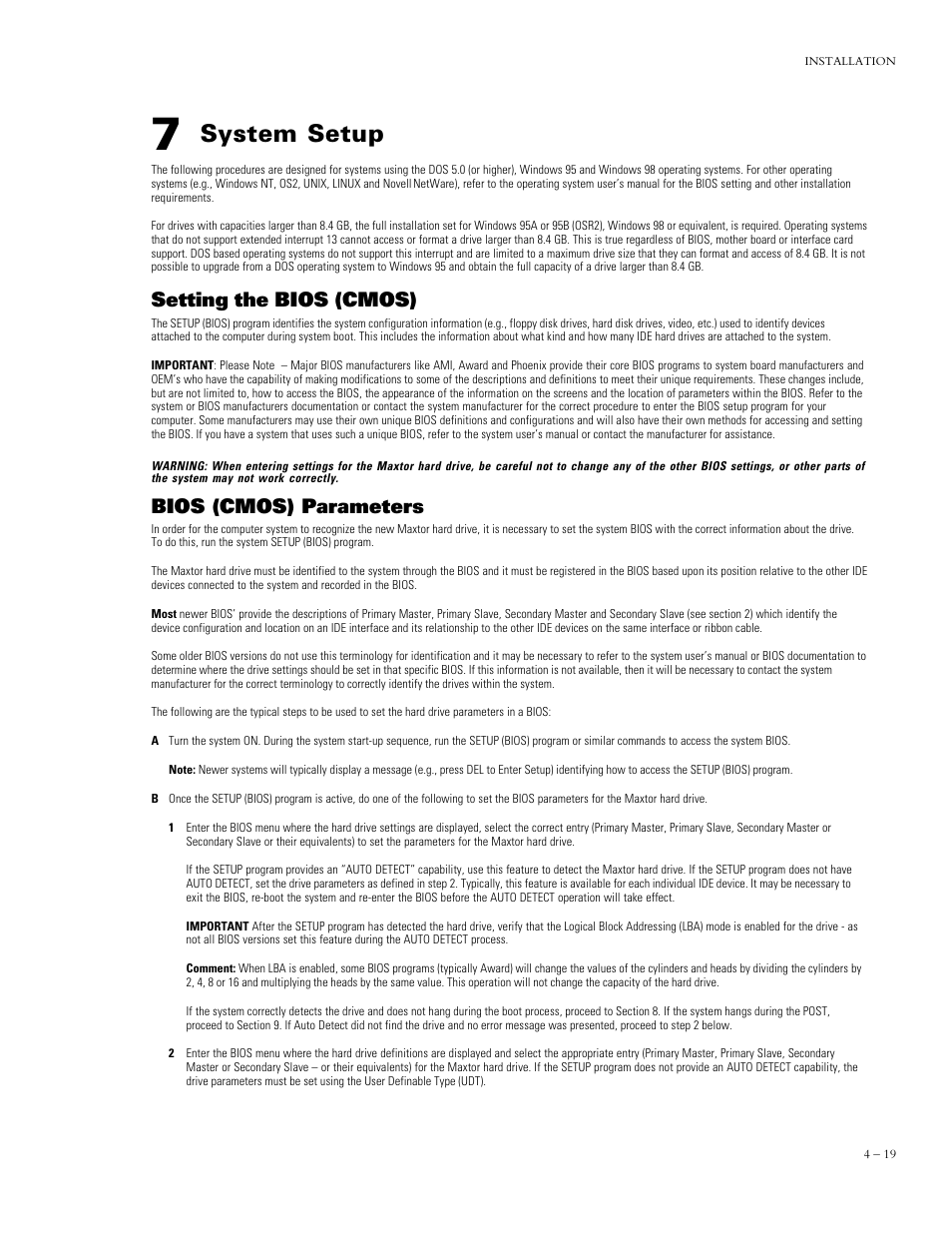 System setup, Setting the bios (cmos), Bios (cmos) parameters | Maxtor DIAMONDMAXTM PLUS 5120 92048D8 User Manual | Page 30 / 71