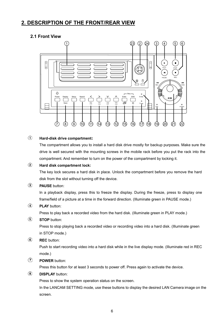 Description of the front/rear view, 1 front view | Maxtor NVR-2028 User Manual | Page 8 / 91