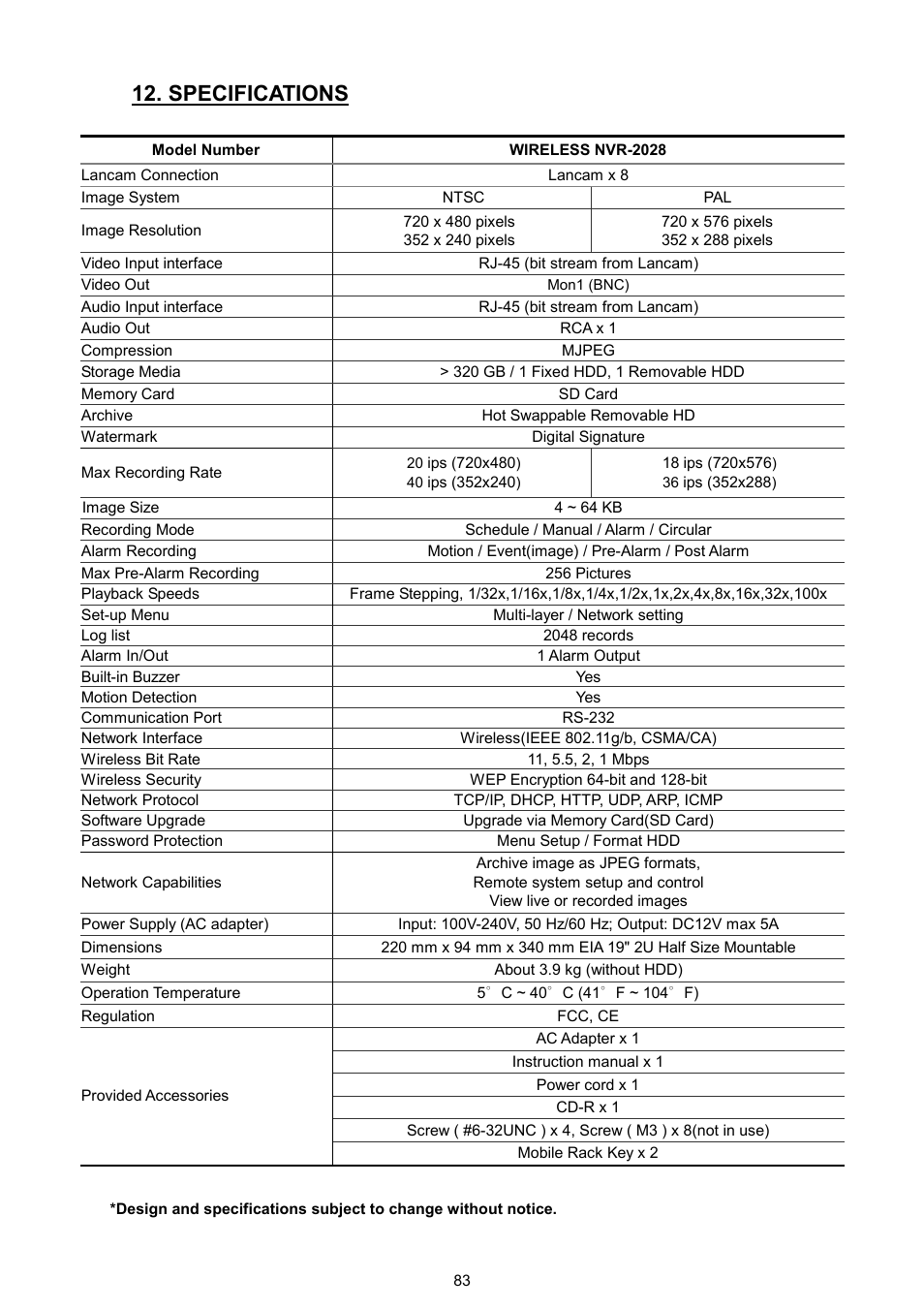 Specifications | Maxtor NVR-2028 User Manual | Page 85 / 91