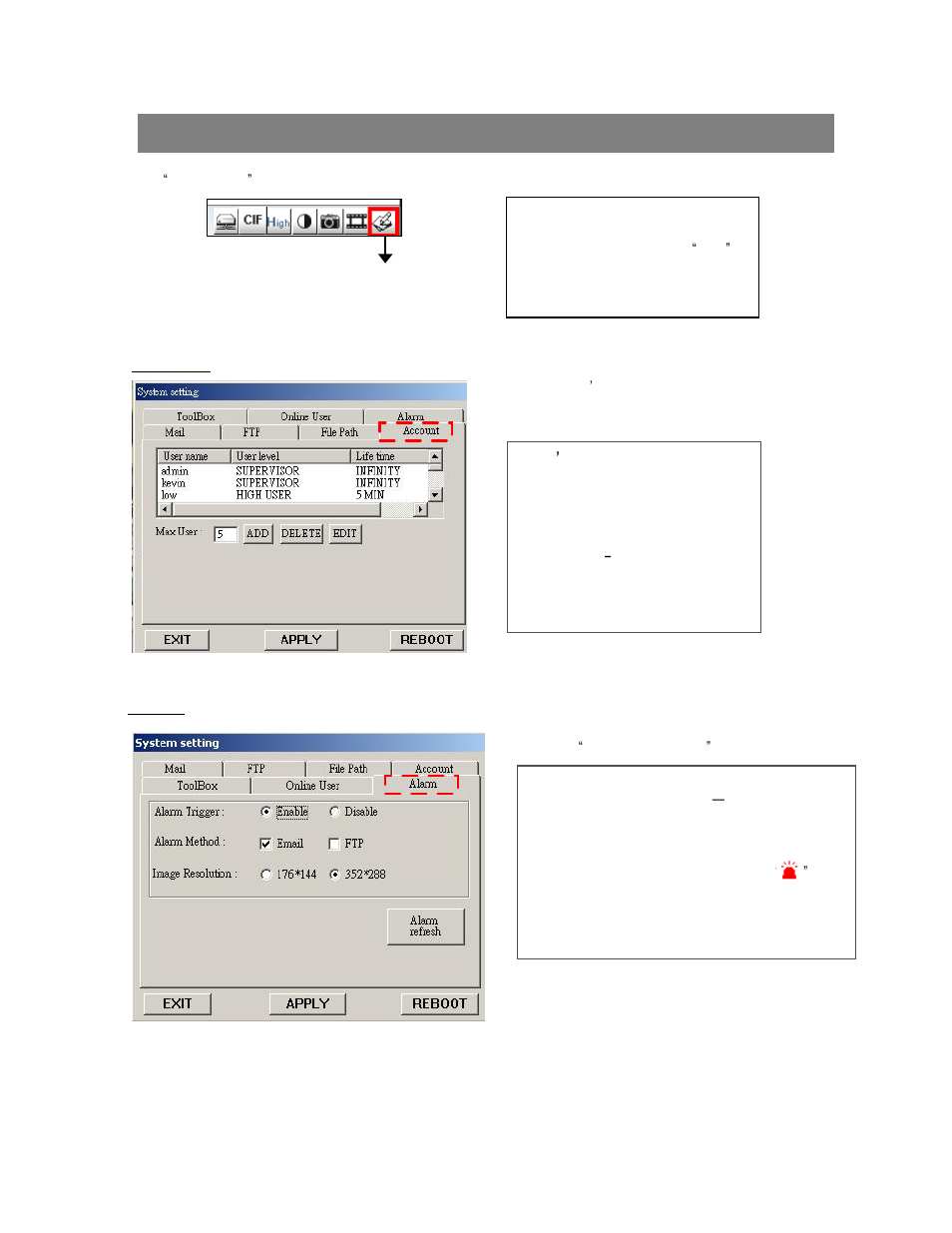 Advanced setting, Account, Alarm | Maxtor 777 W V1.0 User Manual | Page 42 / 54