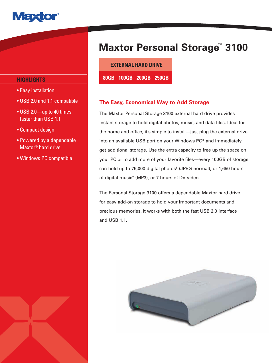 Maxtor Personal Storage M01E100 User Manual | 2 pages