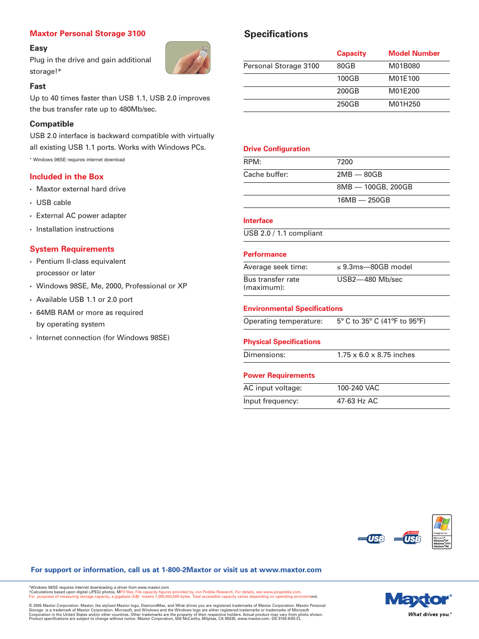 Specifications | Maxtor Personal Storage M01E100 User Manual | Page 2 / 2