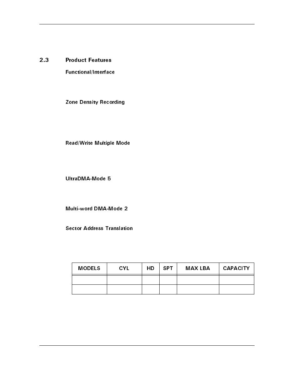 3 product features, Functional/interface, Zone density recording | Read/write multiple mode, Ultradma-mode 5, Multi-word dma-mode 2, Sector address translation, 3 product features -2 | Maxtor D540X-4G User Manual | Page 14 / 56