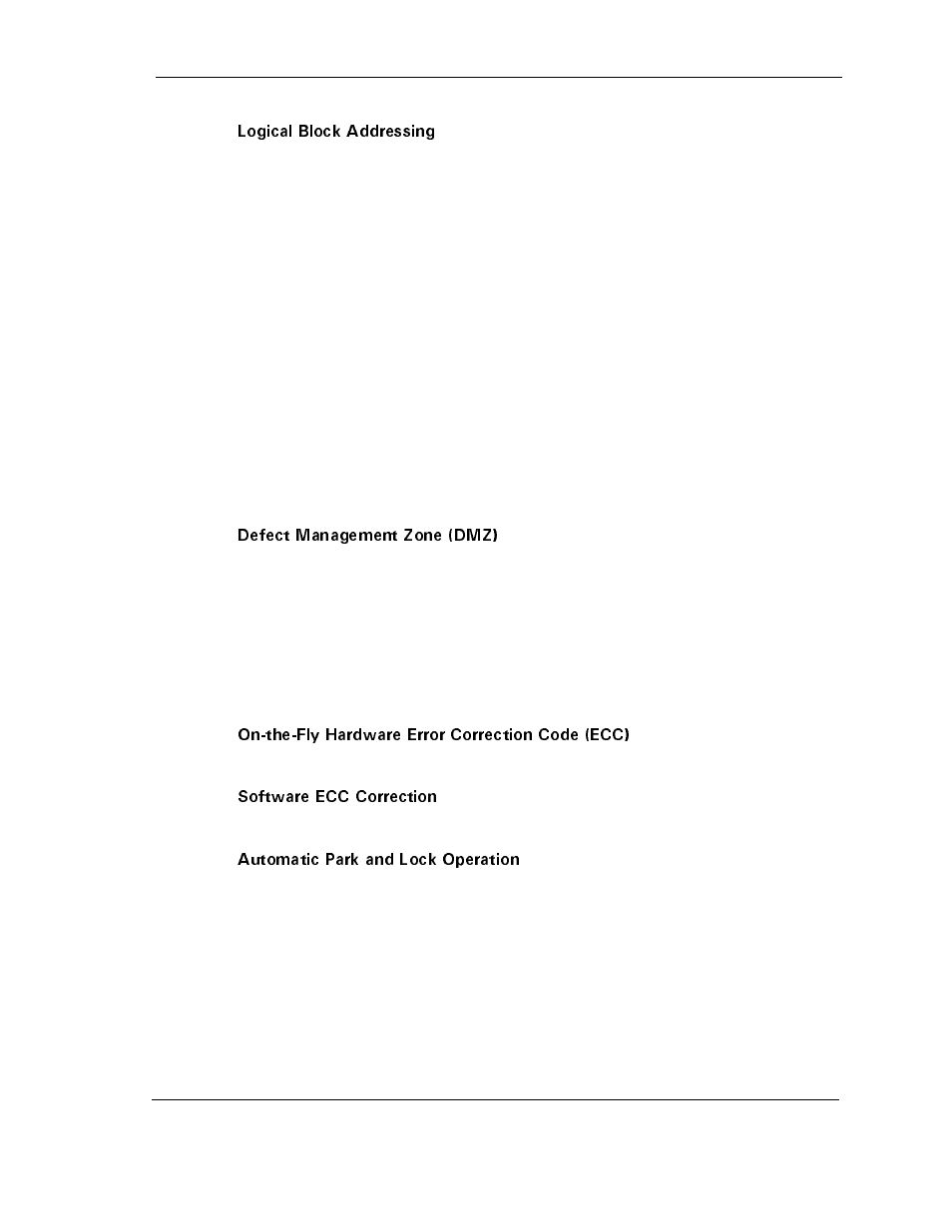 Logical block addressing, Defect management zone (dmz), On-the-fly hardware error correction code (ecc) | Software ecc correction, Automatic park and lock operation | Maxtor D540X-4G User Manual | Page 15 / 56