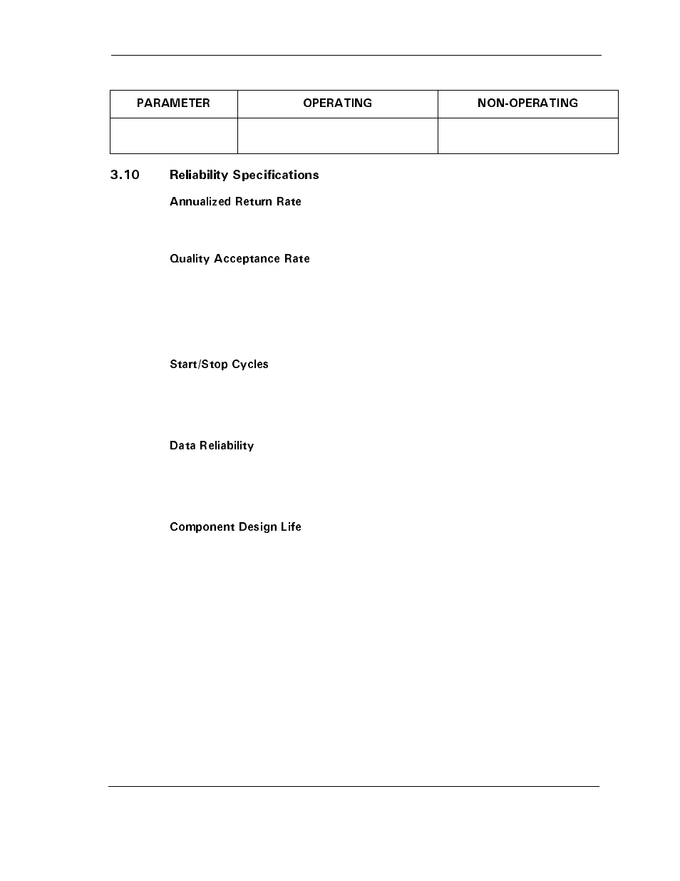 10 reliability specifications, Annualized return rate, Quality acceptance rate | Start/stop cycles, Data reliability, Component design life, 10 reliability specifications -7 | Maxtor D540X-4G User Manual | Page 27 / 56