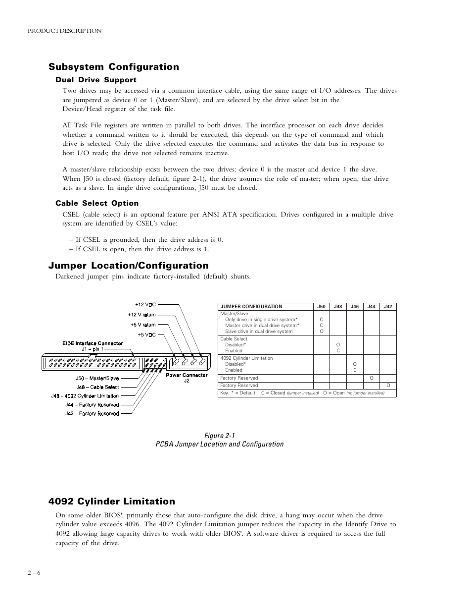 4092 cylinder limitation, Subsystem configuration, Jumper location/configuration | Figure 2-1 pcba jumper location and configuration | Maxtor DIAMONDMAX 90576D4 User Manual | Page 11 / 28