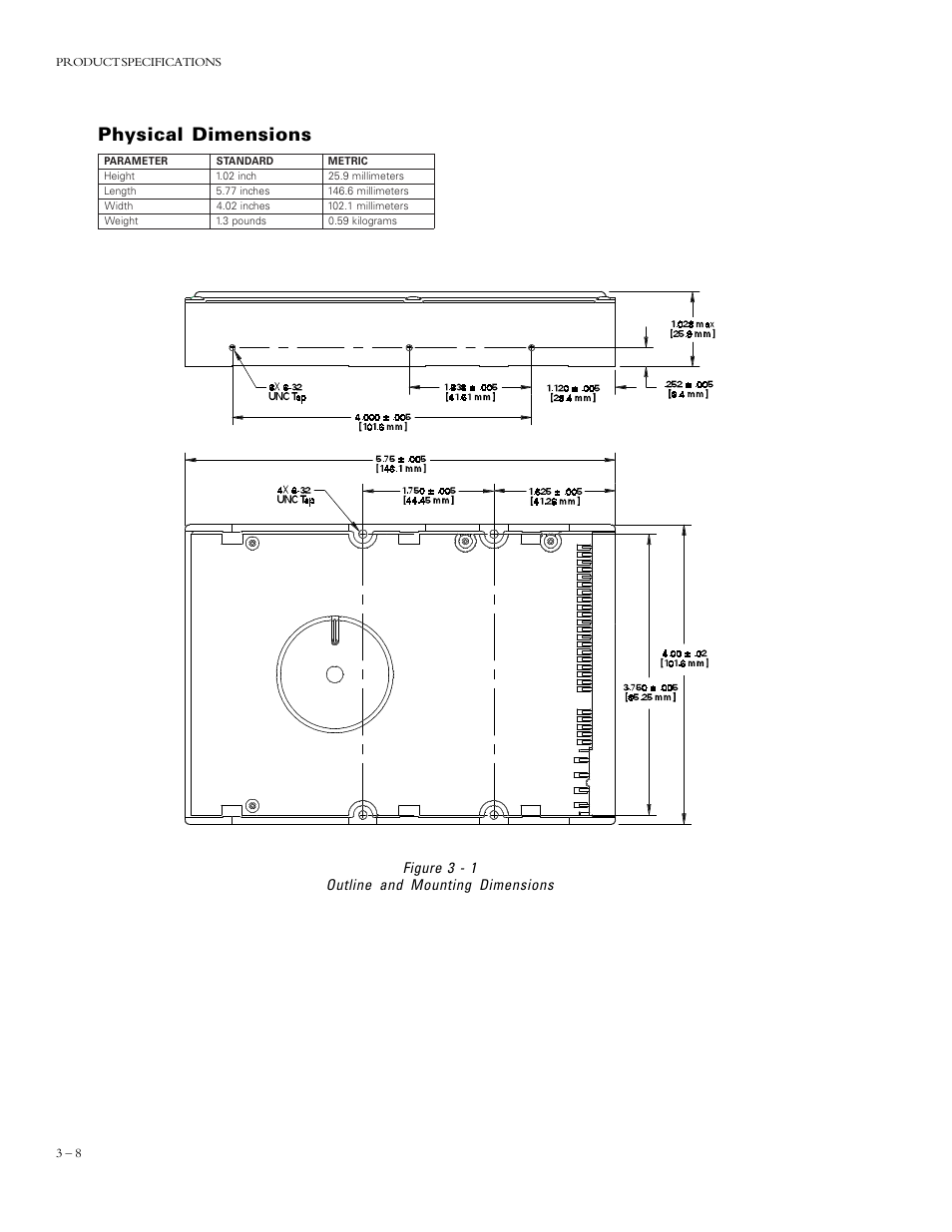 Physical dimensions, Figure 3 - 1 outline and mounting dimensions | Maxtor DIAMONDMAX 90576D4 User Manual | Page 13 / 28