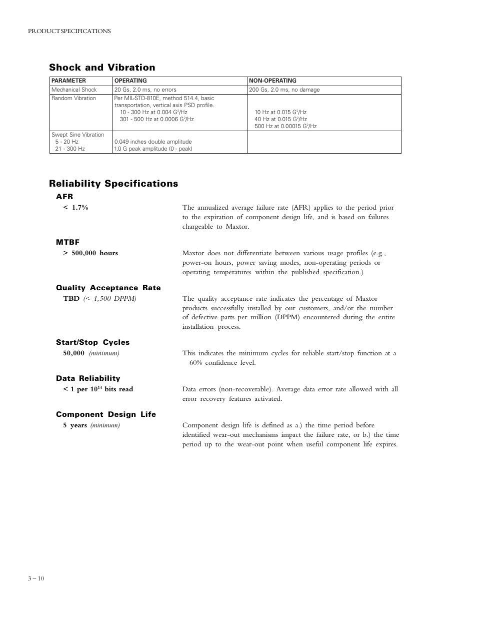 Reliability specifications, Shock and vibration | Maxtor DIAMONDMAX 90576D4 User Manual | Page 15 / 28