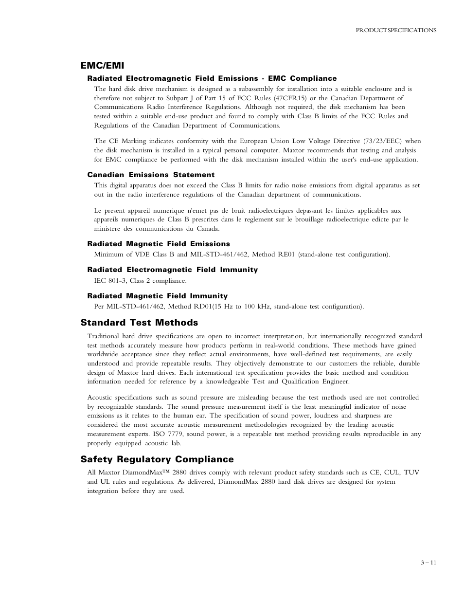 Emc/emi, Standard test methods, Safety regulatory compliance | Maxtor DIAMONDMAX 90576D4 User Manual | Page 16 / 28