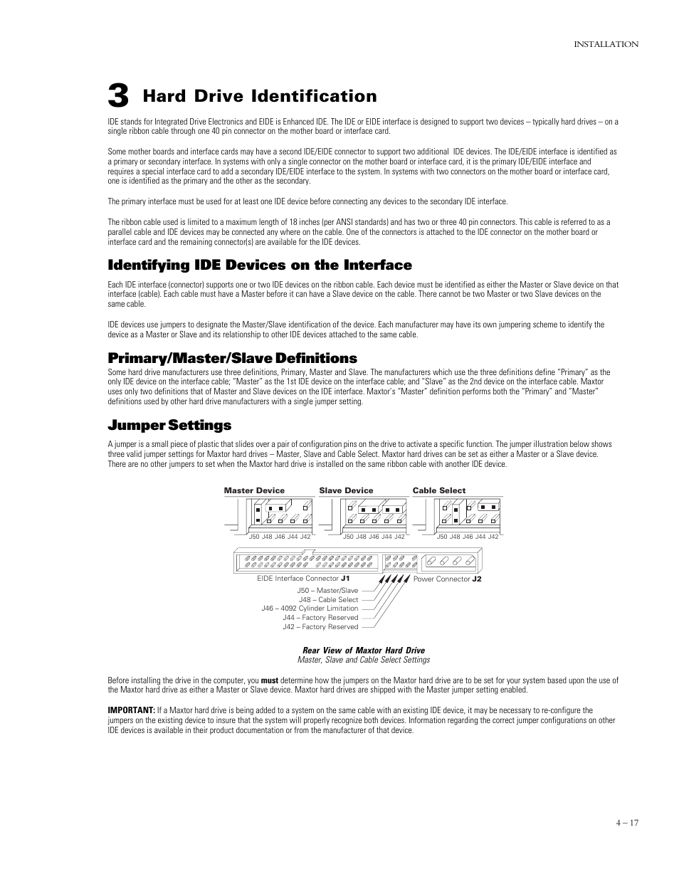 Hard drive identification, Identifying ide devices on the interface, Primary/master/slave definitions | Jumper settings | Maxtor DIAMONDMAX 90576D4 User Manual | Page 22 / 28