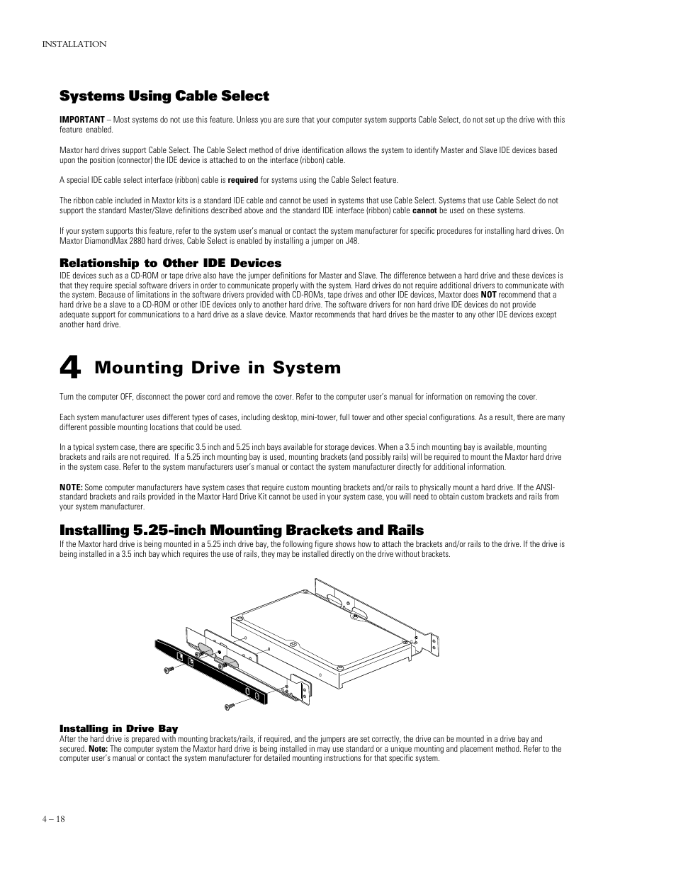 Mounting drive in system, Installing 5.25-inch mounting brackets and rails, Systems using cable select | Maxtor DIAMONDMAX 90576D4 User Manual | Page 23 / 28